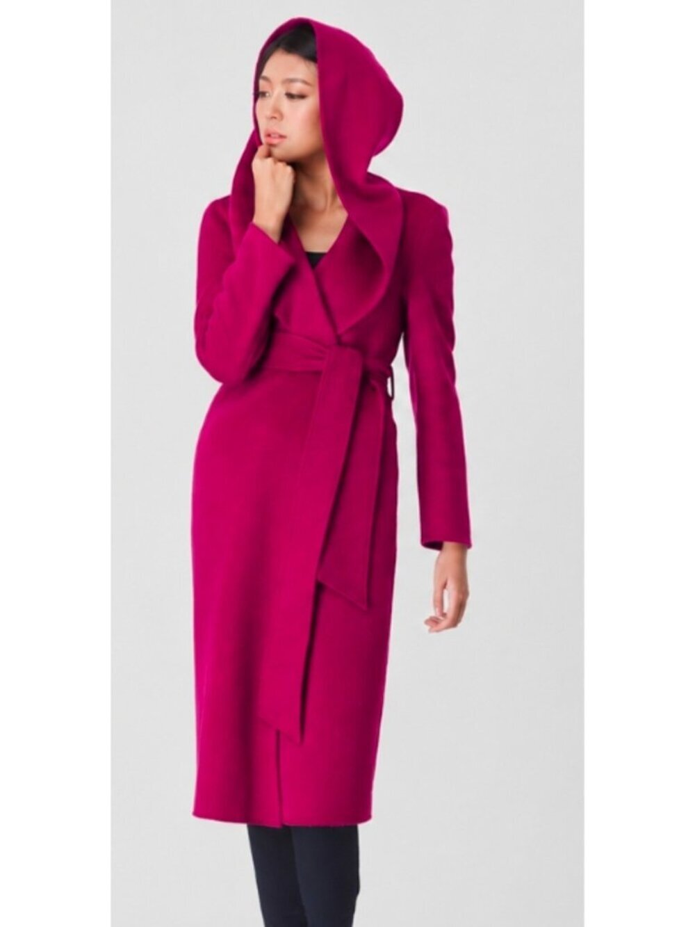 Amberleaf Hooded Wool Cashmere Wrap Coat Women’s Size 12 Pink Belted Long Coat